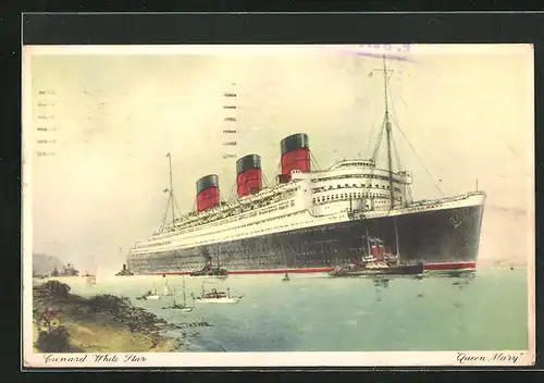 AK Passagierschiff Queen Mary mit Schleppern in Küstennähe