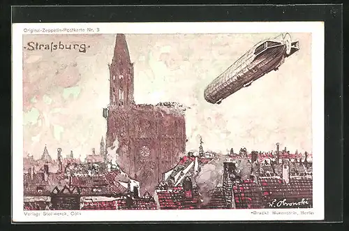 Künstler-AK Zeppelinfahrt über das zerstörte Strassburg, Stollwerck Schokolade