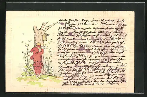 AK Verliebter Zwerg ritzt zwei Herzchen in einen Baumstamm