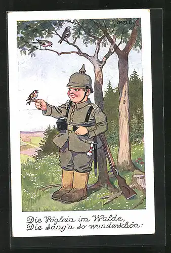 Künstler-AK P. O. Engelhard (P.O.E.): Kleiner Soldat mit Vögeln im Wald