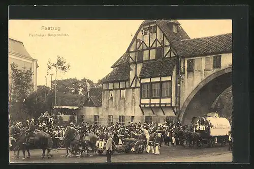 AK Hamburg, 16. Deutsches Bundesschiessen 1909, Festwagen Hamburger Bürgermilitär