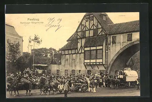 AK Hamburg, 16. Deutsches Bundesschiessen 1909, Festwagen Hamburger Bürgermilitär im Festzug