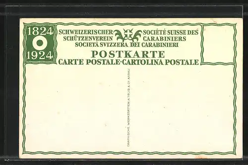 Künstler-AK Schweizerischer Schützenverein 1824-1924, betagter Schütze mit Gewehr & Gattin im Gasthaus