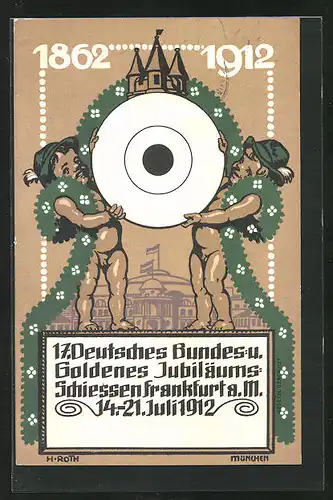 Künstler-AK Frankfurt / Main, 17. Deutsches Bundes- und Goldenes Jubiläums-Schiessen 1912, nackte Buben mit Zielscheibe