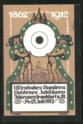 AK Frankfurt / Main, 17. Deutsches Bundes- und Goldenes Jubiläums-Schiessen 1912, zwei nackte Bube mit Zielscheibe