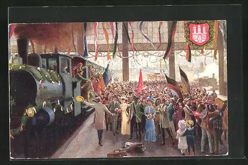 AK Hamburg, 16. Deutsches Bundesschiessen 1909, festlich geschmückte Eisenbahn im Bahnhof