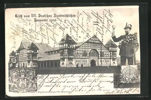 AK Hannover, XIV. Deutsches Bundesschiessen 1903, Bundes-Festhalle, Schütze und Wappen