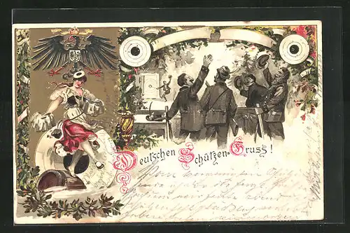 Lithographie Deutscher Schützen-Gruss, feiernde Schützen am Stammtisch, Fräulein auf Fass vor einer Zielscheibe