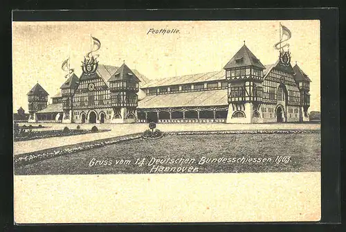 AK Hannover, 14. Deutsches Bundesschiesse 1903, Blick auf die Festhalle