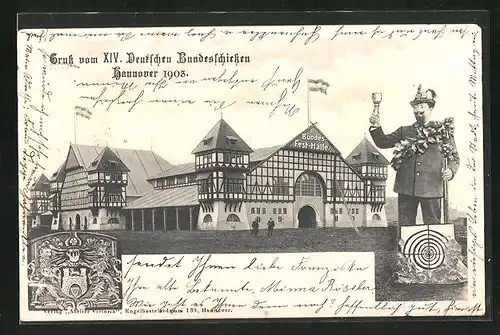AK Hannover, XIV. Deutsches Bundesschiessen 1903, Bundes-Festhalle und Schütze mit Preis