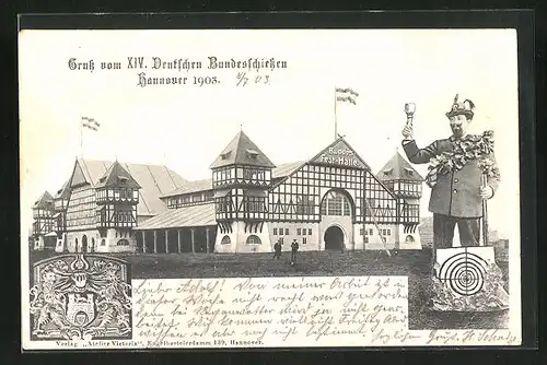 AK Hannover, XIV. Deutsches Bundesschiessen 1903, Schütze mit Siegerpreis, Bundes-Festhalle