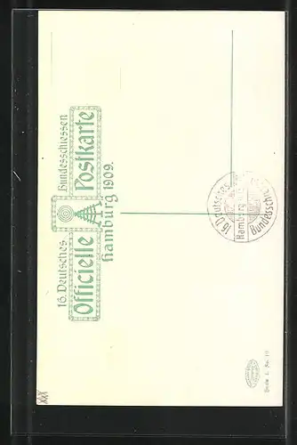 Künstler-AK Hamburg, 16. Deutsches Bundesschiessen 1909, Männer des Schützenvereins feiern ausgelassen