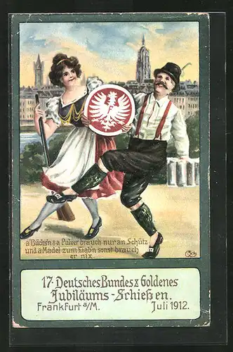 Künstler-AK Frankfurt /Main, 17. Deutsches Bundesschiessen 1912, Jubiläums-Schiessen, Schütze und a Madl