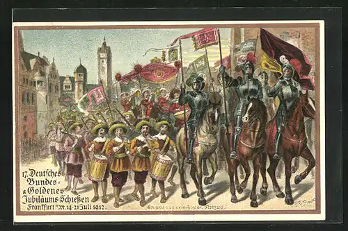 Künstler-AK Frankfurt /Main, 17. Deutsches Bundes- & Goldnenes Jubiläumsschiessen 1912, Gruppe aus dem histor. Festzug