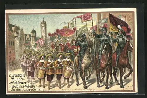Künstler-AK Frankfurt /Main, 17. Deutsches Bundes- & Goldnenes Jubiläumsschiessen 1912, Gruppe aus dem histor. Festzug