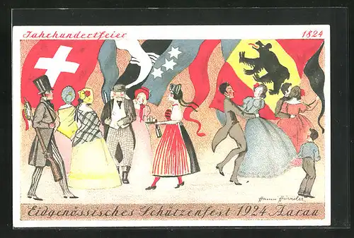 Künstler-AK Aarau, Eidgenössisches Schützenfest 1924, Jahrhundertfeier, Besucher vor Fahnenmeer
