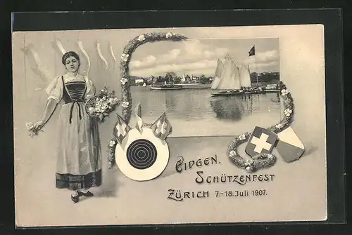 AK Zürich, Eidgenössisches Schützenfest 1907, Ortsansicht mit Schiffen auf dem See, Blumenmädchen