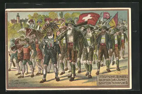 Künstler-AK Frankfurt /Main, 17. Deutsches Bundes- & Goldenes Jubiläumsschiessen 1912, Gruppe der Tiroler Schützen