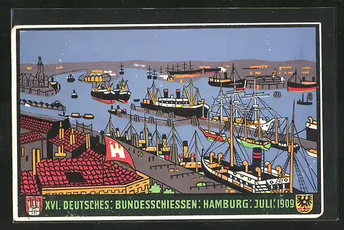 AK Hamburg, XVI. Deutsches Bundesschiessen 1909, Ansicht des Hafens