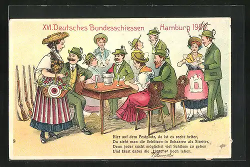 Künstler-AK Hamburg, XVI. Deutsches Bundesschiessen 1909, Schützen im Gasthaus