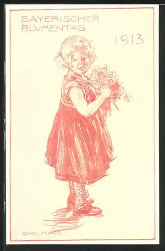 Künstler-AK Bayerischer Blumentag 1913, niedliches Mädchen mit Blumen in den Händen