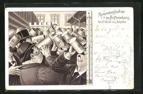 AK Momentaufnahme im Hofbräuhaus bei 35 Grad im Schatten, trinkende Herren mit Bierkrügen