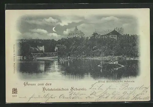 Mondschein-AK Malente, Uferpartie am Hotel Holsteinische Schweiz