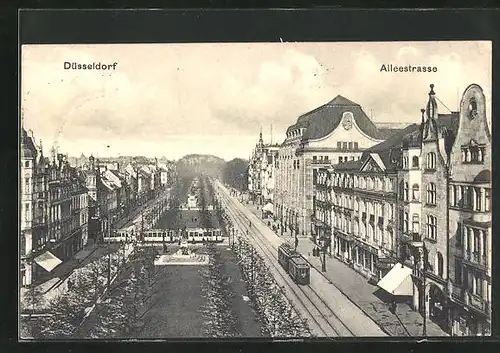 AK Düsseldorf, Denkmal und Strassenbahn in der Alleestrasse