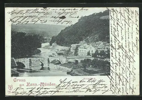 Mondschein-AK Hann.-Münden, Weserblick, Ortspartie an der Brücke