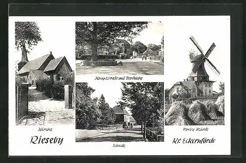 AK Rieseby, Kirche, Schule, Haupstrasse und Norby Mühle