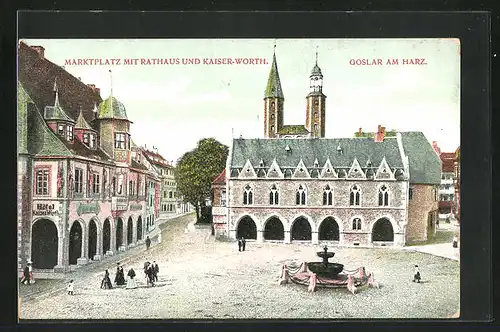 AK Goslar / Harz, Marktplatz mit Rathaus und Hotel Kaiserworth