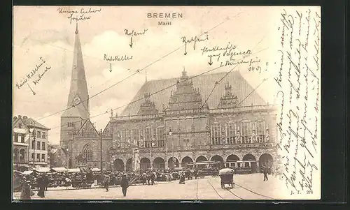 AK Bremen, Markt mit Passanten und Strassenbahn