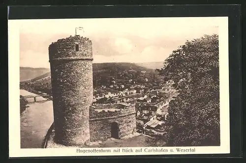 AK Carlshafen a. Weser, Hugenottenturm mit Blick auf den Ort