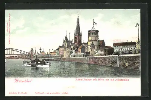 AK Düsseldorf, Rhein-Anlage mit Blick auf die Ausstellung