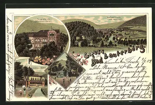 Lithographie Bad Lauterberg, Wasserheilanstalt, Lauterberger Quelle, Villa Ritscher, Gesamtansicht