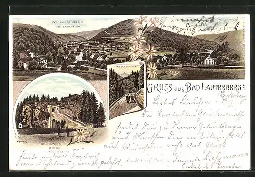 Lithographie Bad Lauterberg i. H., Burghof Ruine Scharzfels, Grosser Knollen, Gesamtansicht, Kupferhütte