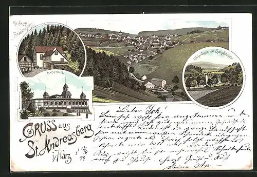 Lithographie St. Andreasberg / Harz, Badehaus, Rehberger Grabenhaus, Teichanlagen, Panorama