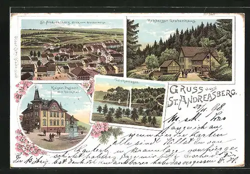 Lithographie St. Andreasberg / Harz, Kaiserl. Postamt mit Denkmal, Teichanlagen, Rehberger Grabenhaus