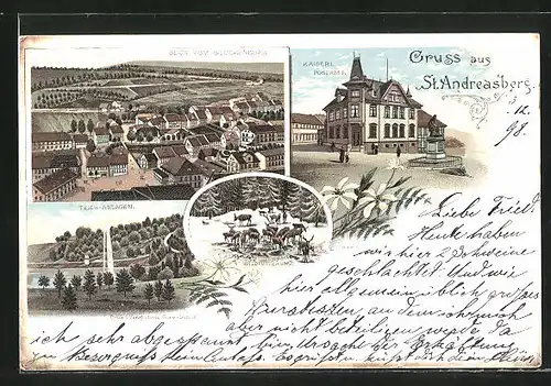 Lithographie St. Andreasberg / Harz, Teichanlagen, Kaiserl. Postamt, Blick vom Glockenberge