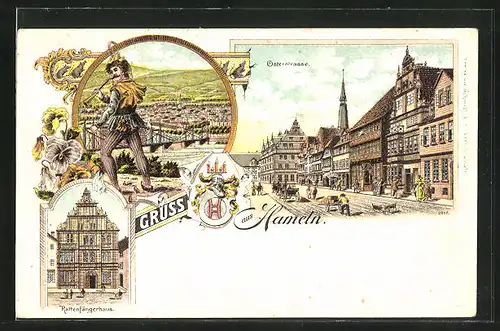 Lithographie Hameln, Rattenfängerhaus, Osterstrasse, Totalansicht