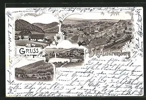 Lithographie St. Andreasberg / Harz, Oderhaus, Teichanlagen, Hotel und Ortspanorama