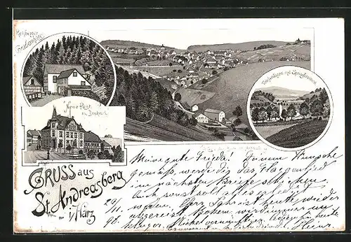 Lithographie St. Andreasberg / Harz, Neue Post & Denkmal, Rehberger Grabenhaus, Gesamtansicht