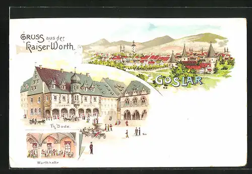 Lithographie Goslar / Harz, Hotel Kaiserworth, Aussen- und Innenansicht, Totalansicht