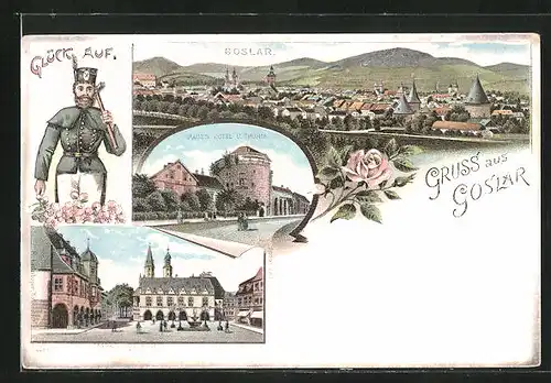 Lithographie Goslar / Harz, Paul's Hotel & Turm, Markt mit Rathaus, Gesamtansicht, Bergmann