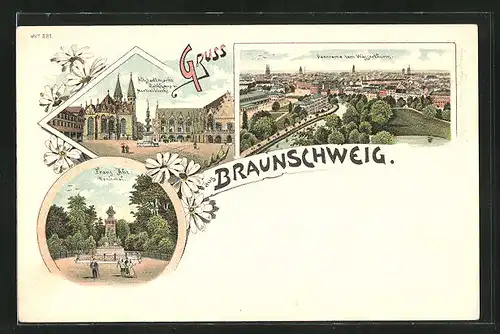 Lithographie Braunschweig, Altstadtmarkt mit Rathaus & Martinikirche, Franz Abt-Denkmal, Panorama