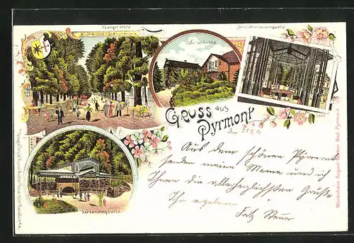 Lithographie Bad Pyrmont, Helenenquelle, Hauptallee, Sennhütte und Stahlbrunnenquelle