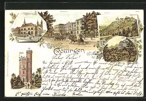 Lithographie Göttingen, Bismarckturm, Villa Rohns, Plesse und Auditorium