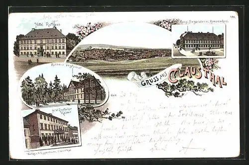 Lithographie Clausthal, Hotel Deutscher Kaiser, Hotel Rathaus, Kurhaus Voigtslust