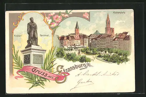 Lithographie Strassburg i. E., Kleberdenkmal und Kleberplatz