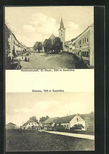 AK Hellmonsödt, Marktplatz mit Kirche und Glasau